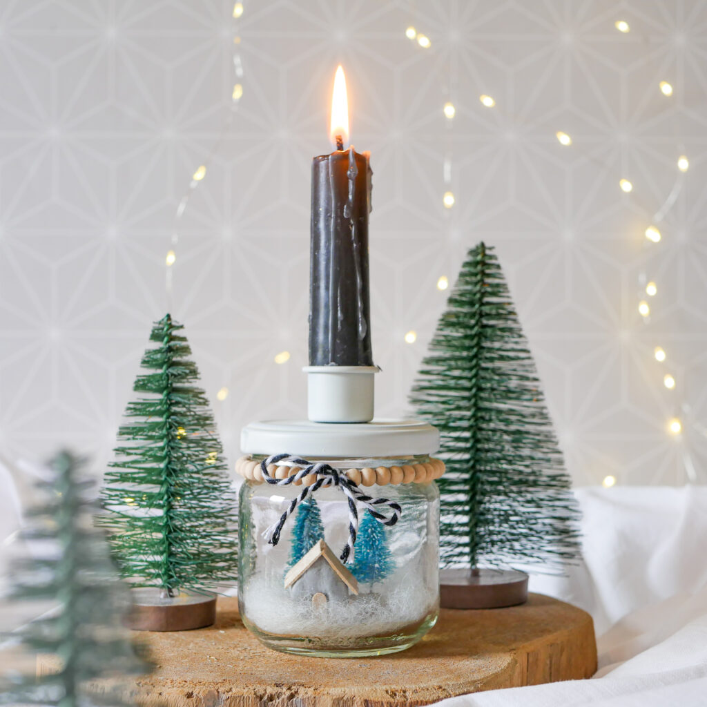 Upcycling Kerzenhalter mit Winterlandschaft im Schraubglas als selbstgemachte Weihnachtsdeko