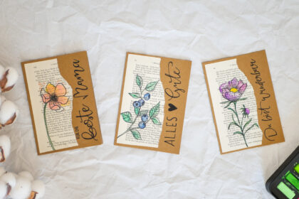 Upcycling Grußkarten zum Muttertag aus Buchseiten mit Watercolour Blumen