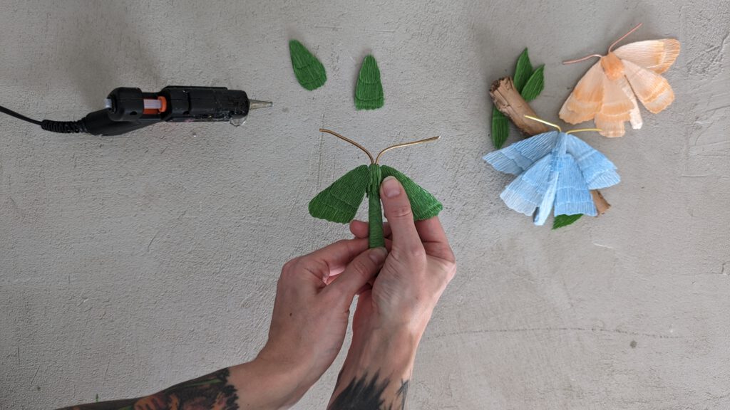 DIY Schmetterling aus Papier selber machen Schritt 7: Flügel an den Körper kleben