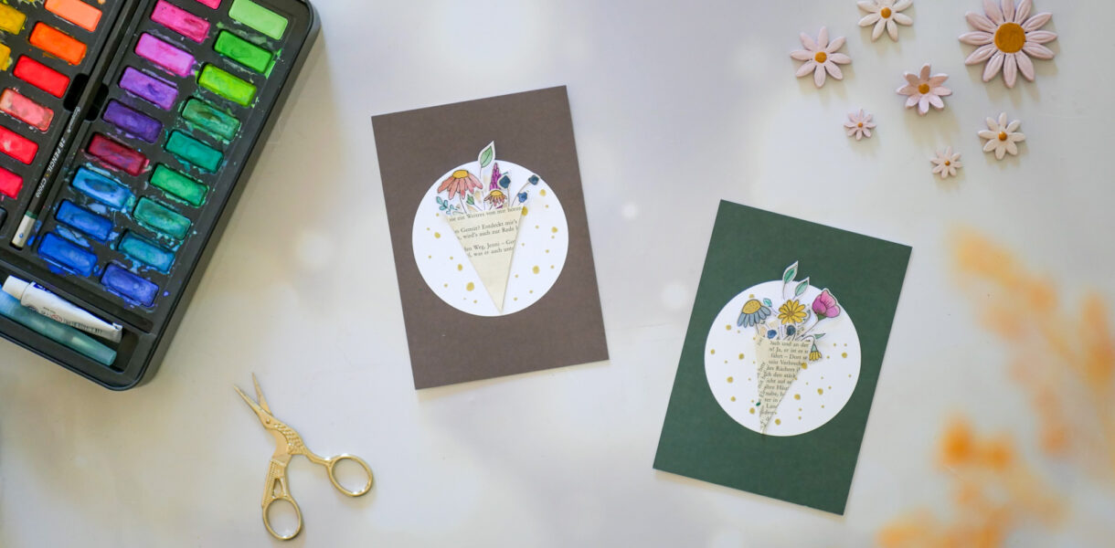 Selbstgemachte Karte zum Geburtstag, Hochzeit oder Jahrestag mit Blumenstrauß aus Papier