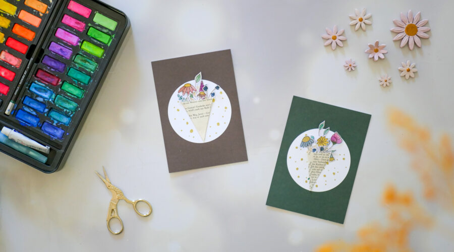 Selbstgemachte Karte zum Geburtstag, Hochzeit oder Jahrestag mit Blumenstrauß aus Papier